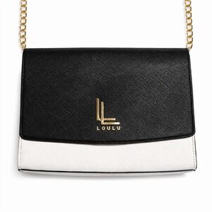 Loulu Black White Colorblock Faux Leather Crossbody Bag Gold Chain Strap New